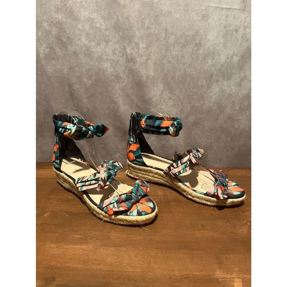 Nine West Floral Espadrille 3 Bow Allegro Ankle-Tie Sandals Teal & Coral size 8